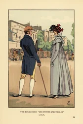 Fasjonable par som slumrer det på Boulevard du Temple, Paris. Boulevard des Petits Spectacles