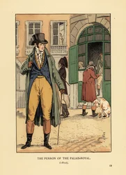 Fasjonabel herremann foran inngangen til Passage du Perron, Palais Royal. Han har på seg lue, halsduk, frakk, buksebukser og støvler. Perron fra Palais Royal, Paris