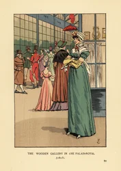 Fasjonabel kvinne som handler i Wooden Gallery i Palais Royal, Paris