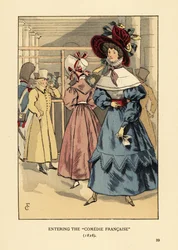 Fasjonable kvinner på et skuespill, Paris. Kvinne i stor panser med bånd, kjole med høy krage, blondekappe eller pelerine og hele ermer en beret. Inn i Comedie Francaise