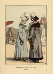 Fasjonable kvinner i fjærhatter, blondekrage og pelstrimmede kjoler. Krysser Pont des Arts, Paris