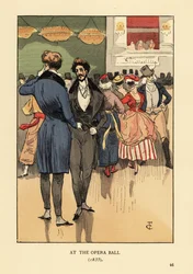 Jålebukker i kjole med skjøter, vest, trange bukser og hvite strømper. Bak dem personer i kostymer og masker. På Operaballet 1835. Håndkolorert litografi av R. V. etter en illustrasjon av François Courboin fra Octave Uzannes Fashion in Paris, Will