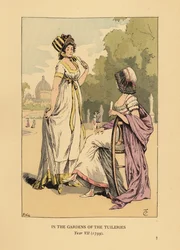 To fasjonable kvinner i hagene til Tuileriene, Jardins des Tuileries, Paris, år VII
