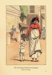 Kvinne og barn foran Leda-fontenen, Fontaine de Leda, i Rue du Regard, Paris, år VII