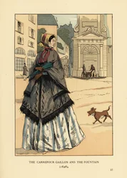 Kvinne foran fontenen på Place Gaillon, Paris. Hun har på seg et kasjmirsjal med armhull kalt la visite over krinolinen. Carrefouren Gaillon og fontenen