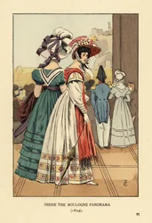 Kvinner ser på det store bybildet inne i Boulogne Panorama, Boulevard Montmartre, Paris