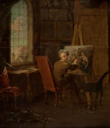 Selvportrett av kunstneren i studioet sitt, med en mahl-pinne
