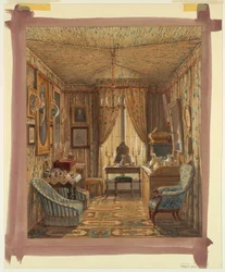 Tegning, interiør av et garderoberom med telttak, 1848