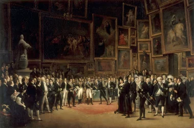 Karl X deler ut priser til kunstnere som stilte ut på Salongen i 1824 i Louvre