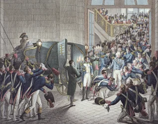 Avgang av Louis XVIII (1755-1824) konge av Frankrike og Navarre, fra Les Tuileries, 19. mars 1815 (fargegravering)