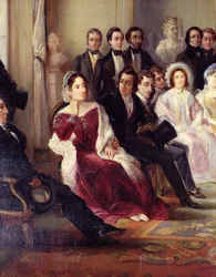 Francois Andrieux (1759-1833) Leser sin tragedie Junius Brutus i foajeen til Comedie Francaise, 26. mai 1828, 1847 (detalj av 216914)