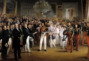 Revolusjonen av 1830: "" Deputertkammeret presenterer til hertugen av Orleans, Louis Philippe I (1773-1850), handlingen som kaller ham til tronen og charteret av 1830, på det kongelige palasset, 7/08/ 1830"" Detalj. Maleri av Francois Joseph Heim (1787-18