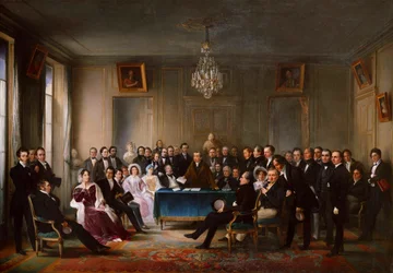 François-Guillaume Andrieux leser sin tragedie Junius Brutusin foajeen ..., 26. mai 1828, ca. 1847.