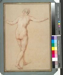 Stående kvinne naken sett bakfra, ca. 1722 (rødt, svart og hvitt kritt på papir)