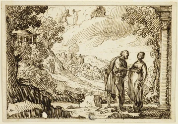 Uidentifisert mytologisk scene med mann og kvinne i samtale i klassisk landskap