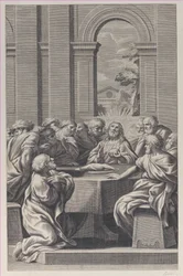 Nattverden, interiøret i en klassisk bygning med Kristus og apostlenes sete..., 1660-81.