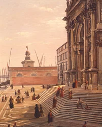 Trinn som fører opp til Basilica of St Mary of Health (Basilica di Santa Maria della Salute) i Venezia, av Frans Vervloet (1795-1872), Italia