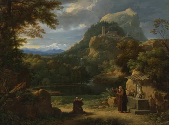 Sankt Antonius av Padua introduserer to noviser for munker i et fjellandskap
