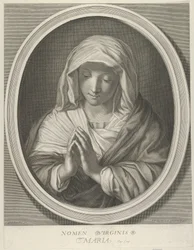 Jomfruen i bønn ser ned, i en oval ramme, etter Reni, 1640-93.