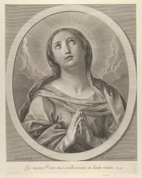 Jomfruen i bønn, ser opp med skyer bak seg, i en oval ramme, etter Reni, ..., 1648-81.