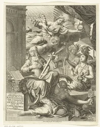 Allegori med kvinnelige personifikasjoner av blant annet sannheten og dyder og laster Tittelside for: Johannes van der Kemp, Kristen heleid av Kristus i liv og død, viser i femtitre prekener om det hellige