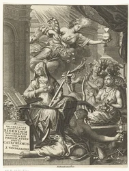 Allegori med kvinnelige personifikasjoner av blant annet sannheten og muligens dyder og laster Tittelside for: Johannes van der Kemp, Den kristne tilhører helt og holdent Kristus i liv og død, viser i femtitre prekener o