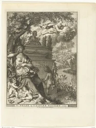 Muse og putti sitter ved graven til poeten Arnold Moonen Tittelside for: Arnold Moonen, Continued der poëzye, Delft 1720 Fortsettelse av A. Moonens Poezy (tittel på objekt)