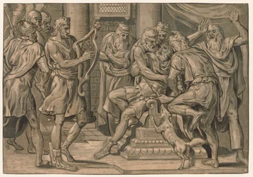 David spiller harpen før Saul, 1555.