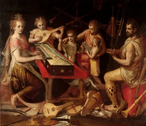 Music Characters vetus har den eldgamle omgivelsen av musikkinstrumenter som utgjør en allegori. Maleri av Frans Floris (1515-1570) 1500-tallets gener, privat samling