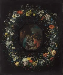 Garland of Flowers med tilbedelse av hyrdene, ca. 16251630