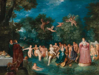 Diana og nymfene hennes bader, med en hjortjakt i bakgrunnen, ca 1606.