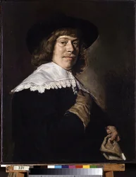 Portrett av en mann som holder en hanske. Portrett av en ung mann som holder en hanske. Maleri av Frans Hans Hals I (1581-1666), ca 1650. Olje på lerret. Nederlandsk kunst, barokkstil. Eremitasjemuseet, St. Petersburg.