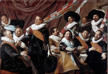 Banketten for offiserene i Sankt Georgs bueskytterkorps i Haarlem. Maleri av Frans Hals (ca. 1580-1666), 1627. Sol. 179 x 257.5 cm, Haarlem, Frans Hals-museet, Holland
