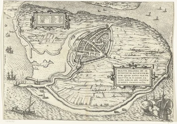 Kart over eiland Voorne en plattegrond av Brielle, 1572 Brillium, Holland opp. på grunn av den innbyrdes nederlandske krigen, som i året for seieren til Frelsen 72 e.Kr. i aprilvarmen begynte han her, berømt (tittel på objekt)