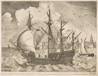 Bevæpnet fire-master legger ut til sjøs fra seilfartøyene, ca. 1555-56.