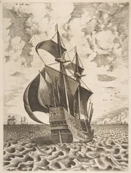 Bevæpnet firemaster seiler mot en havn fra seilfartøyene, 1561-65.