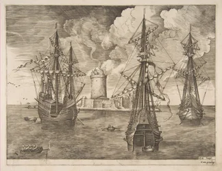 Fire-mester til venstre og to tre-mester forankret nær en befestet øy med et lys..., 1561-65.