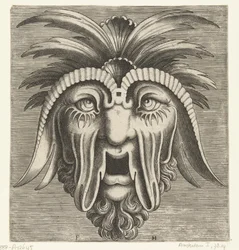 Maske med åpen, tannløs munn, hengende kinn og pust på hodet Pourtraicture ingenieuse de plusieurs facons de masques... (serietittel)