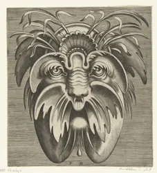 Maske med slappe kinn og bart, det er gress i håret Pourtraicture ingenieuse de plusieurs facons de masques... (serietittel)