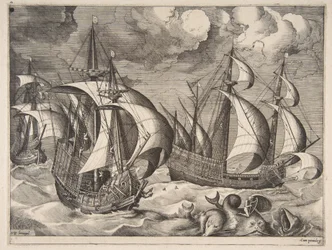 Three Caravels in a Rising Squall with Arion on a Dolphin fra The Sailing Vessels, 1561-65.