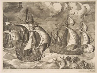 Three Caravels in a Rising Squall with Arion on a Dolphin fra The Sailing Vessels, 1561-65.