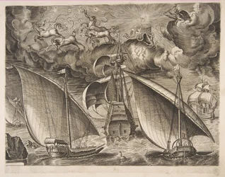 To bysser som seiler bak en væpnet tremester med Phaeton og Jupiter i himmelen, f..., 1561-65.