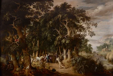 En lysning i et tett skogkledd landskap med mange dyr og Orpheus angrepet av de thrakiske kvinnene (olje på panel)