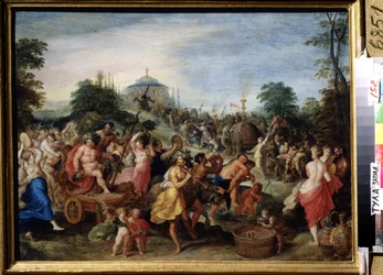""The procession of Bacchus"" representasjon av en bacchanal, satyrer og bacchanter som danser, spiller. Maleri av Franz (Frans) Francken II den yngre (1581-1642) (ec.flam.) Statens kunstmuseum fra 1600-tallet, Tula, Russland