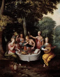 De fem sansene unge kvinner i et landskap med bankett (smak), musikk (hør), speil (syn), bukett blomster (lukt) og kjærtegn (berøring). Detalj. Maleri av Franz (Frans) Francken II le Jeune (1581-1642)