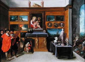 Et interiør med en samling malerier (olje på panel)