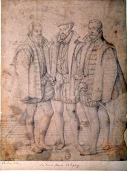 Portrett av de tre Coligny: kardinal Odet (1515-1571), Gaspard (1517-1572), admiral av Frankrike og Francois (1521-1569), herre av Andelot. Tegning tilskrevet Frans (Francois (Franz) Pourbus l