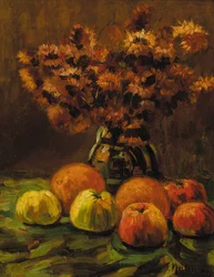 Epler, appelsiner og en vase med blomster på et bord (olje på panel)