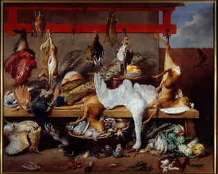 Kjøkkenbord med vilt, fisk og belgfrukter Maleri av Frans Snyders (1579-1657) 1630 Dim. 2,73 x 3,40 m Lyon, Musee des Beaux Arts