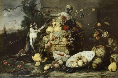Tre aper stjeler frukt, med utsikt over et landskap
